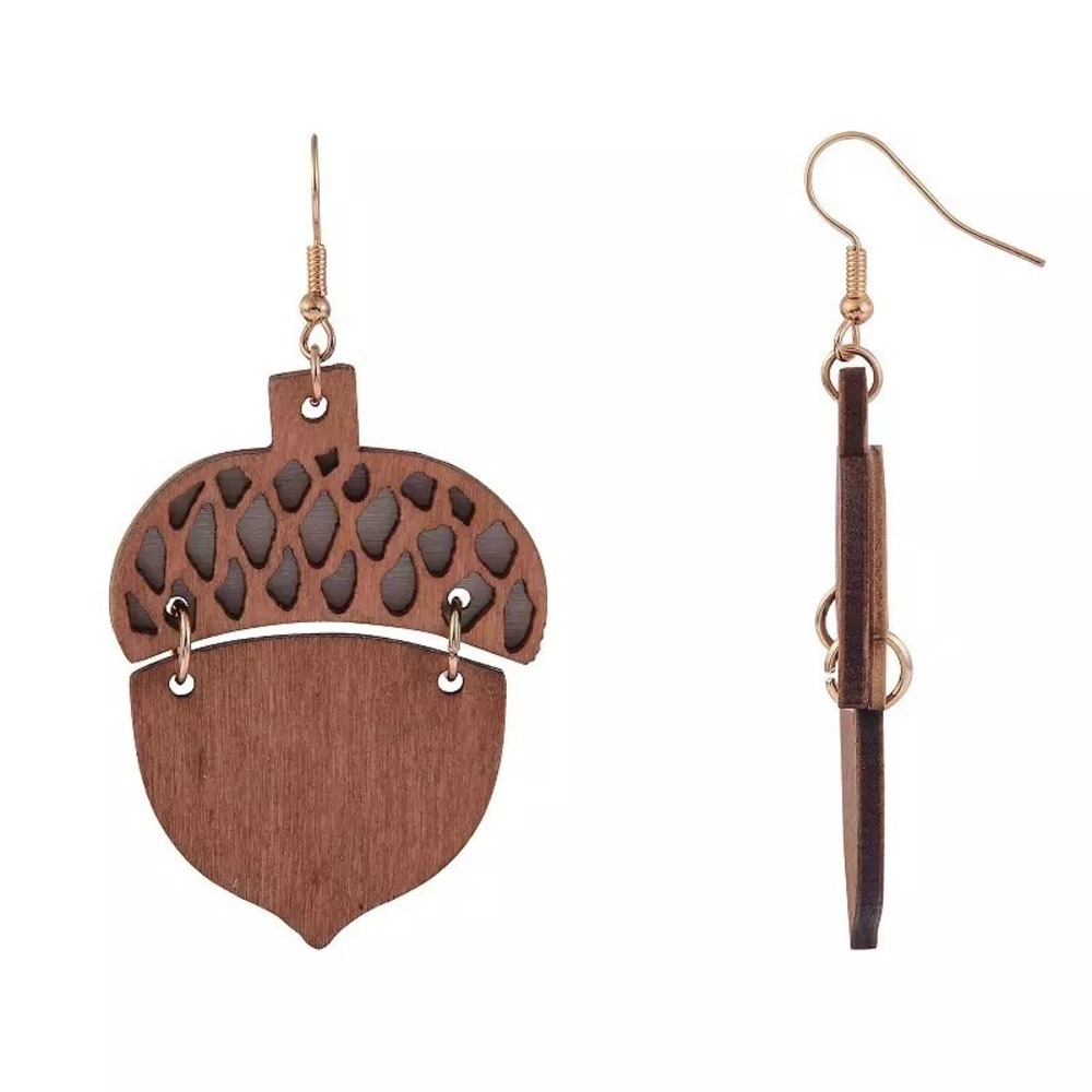 Celebrate Together Fall Wood Acorn Drop Earrings Brown Gold Tone NWT